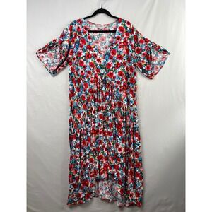 Avenue Floral Poppy Maxi Dress Womens 22/24 Red Blue V-Neck Tiered Colorful